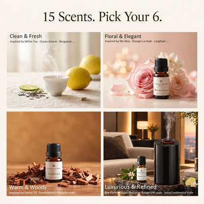 Luxury Scent Diffuser Starter Kit – Waterless Diffuser with 6 x 10mL Fragrance Oils